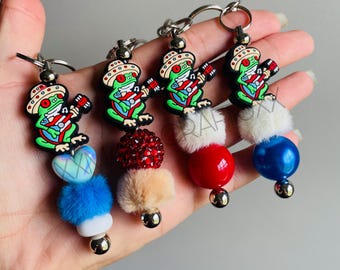 Boricua Beaded Keychain: Puerto Rico Coqui Charm, Silicone & Bubblegum Beads