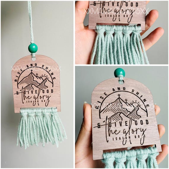 Engraved Wood Car Charm: Christian Boho Macrame Car Accessory