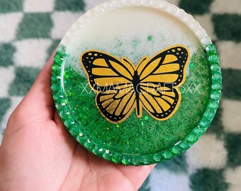 Glitter Epoxy Resin Coaster: Butterfly UV DTF Art