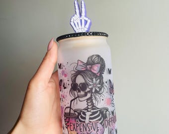 Funny Skeleton Sublimation Glass Can with 3D Printed Straw Topper