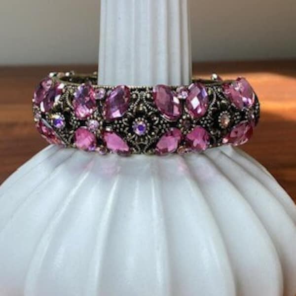 Floral Fleur de Lis Pink Rhinestone Hinge Clamper Bracelet Vintage Estate Jewelry Prom Bracelet Wedding Bracelet         M34