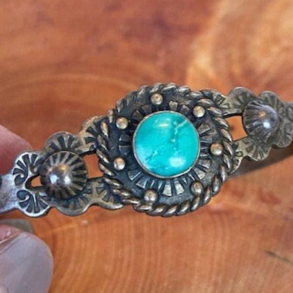 Bell Trading Post Sterling Silver and Turquoise Cuff Bracelet Petite Wrist Fred Harvey Era Vintage Native American Southwestern