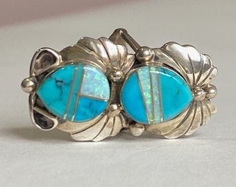 Vintage Navajo Jimmy Yazzie JY Signed Opal and Turquoise Double Stone Inlay Sterling Silver Split Shank Ring Size 7 US      R5