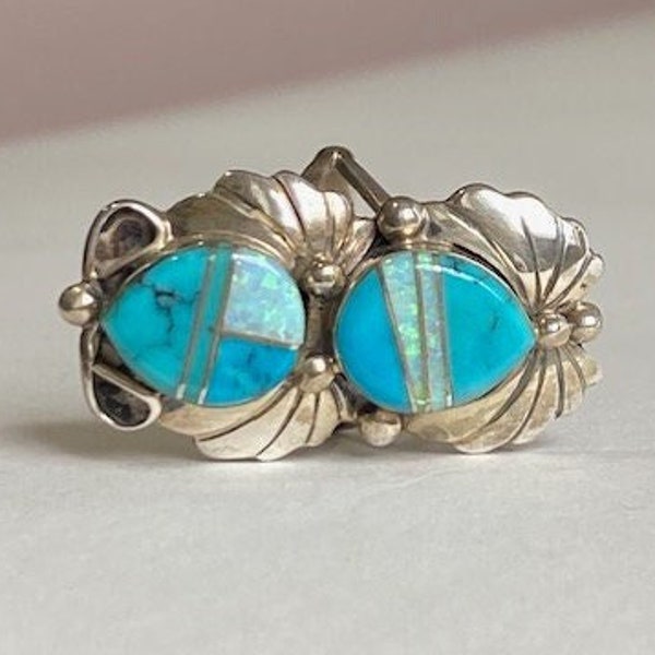 Vintage Navajo Jimmy Yazzie JY Signed Opal and Turquoise Double Stone Inlay Sterling Silver Split Shank Ring Size 7 US      R5