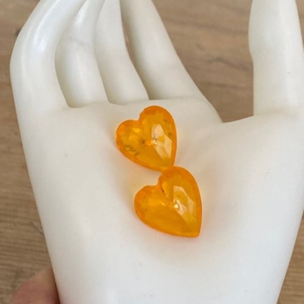 Orange Faceted Plastic Heart Post Pierced Earrings Mid Century Pop Culture 1970's Valentine's Day Mother's Day