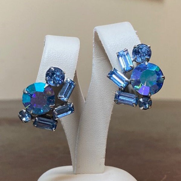 Vintage Sherman Style Large Blue Iridescent Rhinestone Clip-on Earrings Estate Jewelry Something Blue Gift for Her Wedding             TB32