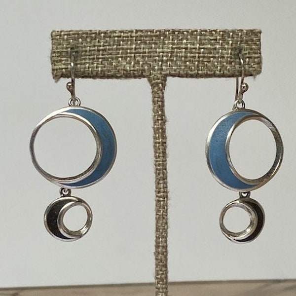 Vintage Modernist David Urso Sterling Silver Blue Black Enamel Double Open Circle Dangle Earrings Estate Contemporary Designer     TB415