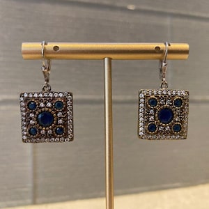 Byzantine Style Blue & Clear Crystal in Sterling Silver Dangle Earrings Wedding