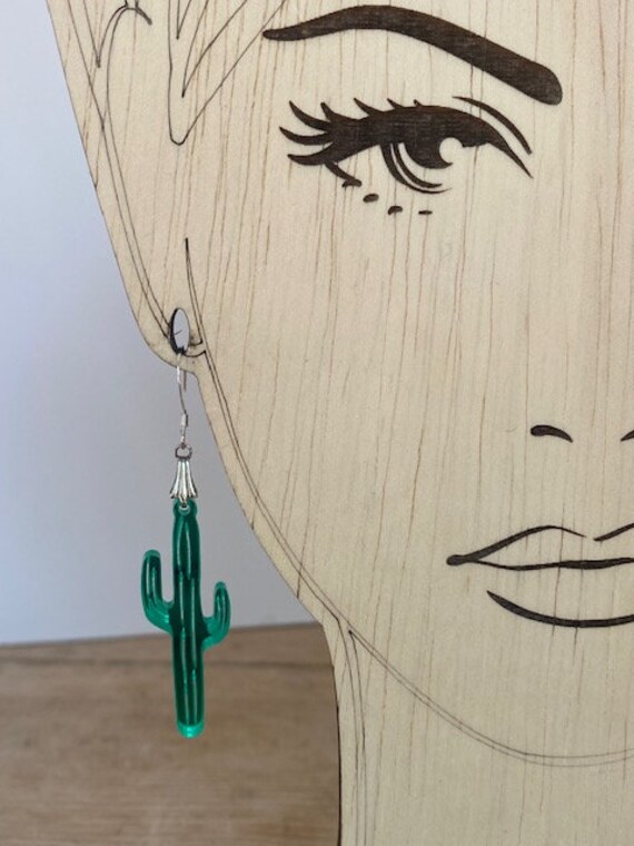 Electric Green Saguaro Cactus Plastic Dangle Drop… - image 3