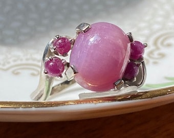 Antique Star Ruby and 14k White Gold Cocktail Hollywood Regency Style Ring Size 8 3/4 US Statement Ring Gift for Her July Birthday   R2