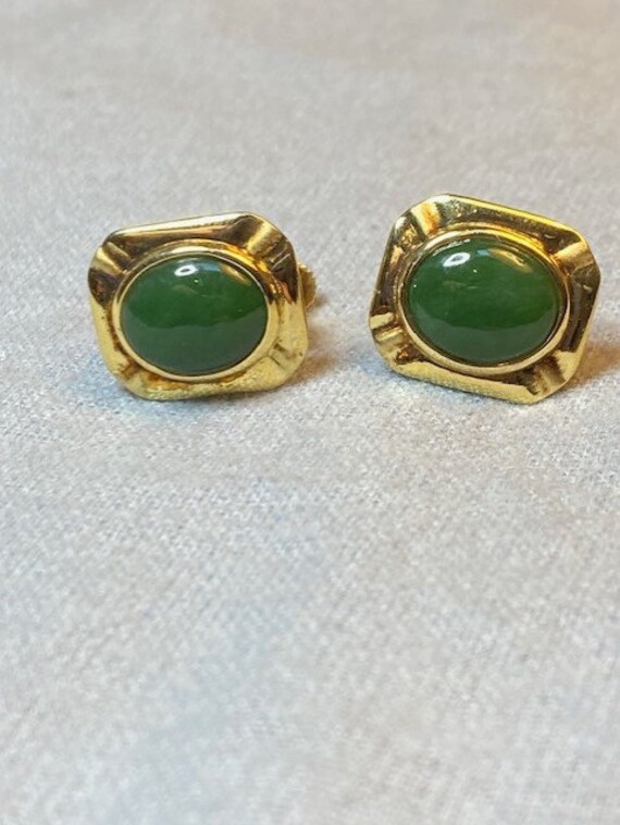 Vintage Jade Green Cabochons in Rectangular Gold … - image 6