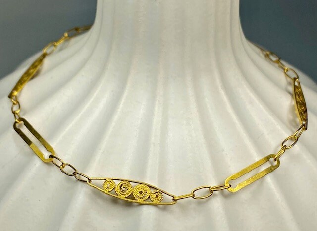 Portugal Jewels Filigree and Paper Clip Chain Link 7 7/8" Bracelet in Sterling Silver with Gold Wash Delicate Bracelet   P217