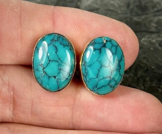 14kt Solid Yellow Gold Oval Spiderweb Turquoise C… - image 10