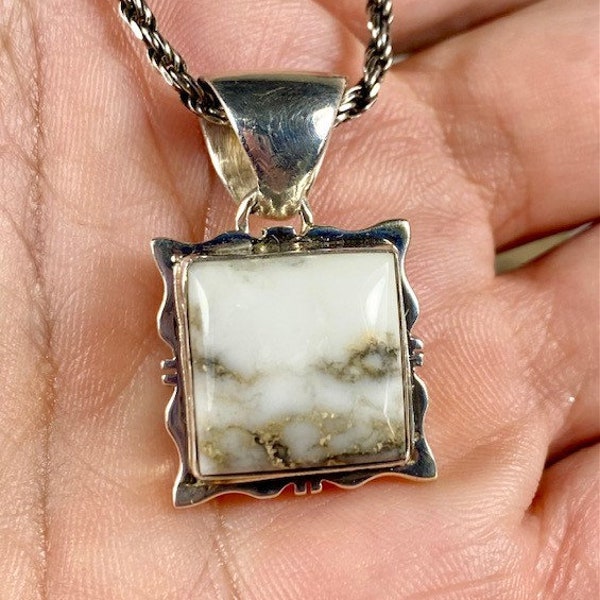 Navajo Signed Priscilla Smith Buffalo White Turquoise Square Sterling Silver Pendant Unique Native American Pendant Vintage Estate    P225