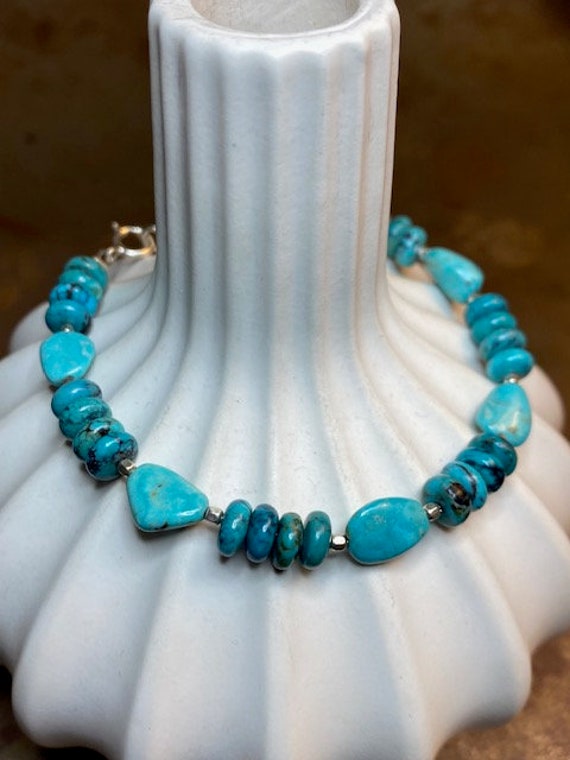 Smooth Stone Turquoise Sterling Silver Beaded Brac