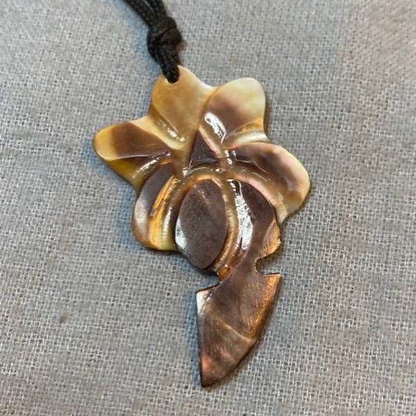 Tahiti Carved Abalone Flower Pendant on Black Cord Necklace Adjustable Length Art Nouveau Beach Vibes Boho Shell Necklace              P7