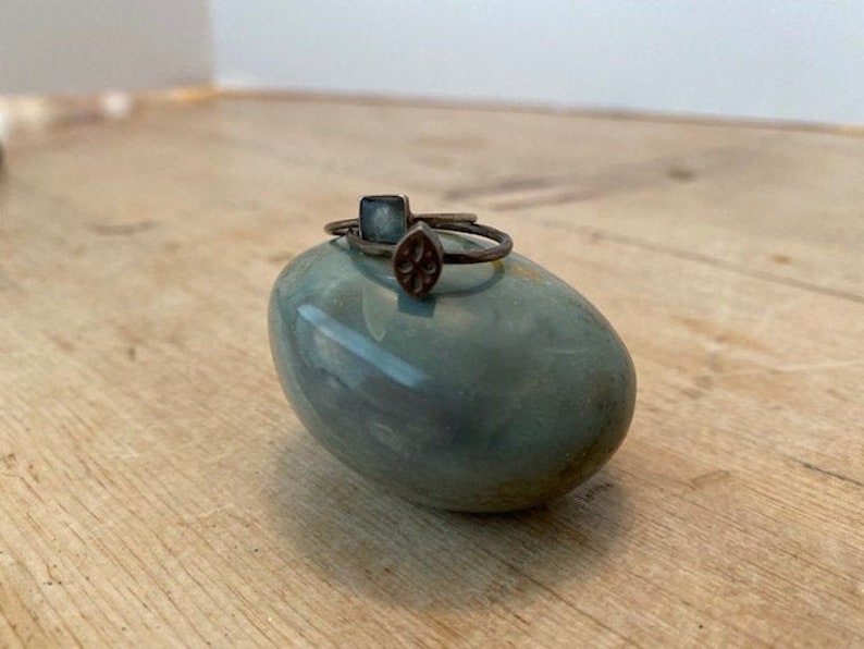 Sundance Tiny Little Pillow Stacking Rings in Sterling Silver with Light Blue Calcedony Stone and Dainty Engraving