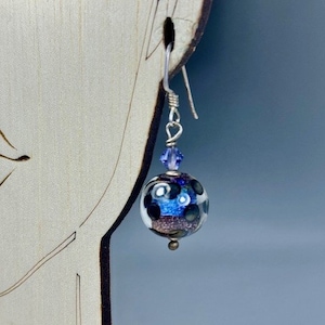 Hand Blown Glass Earrings in Shades of Blue and Purple with Black Dots / Artisan Earrings / Art Deco Earrings   TB51