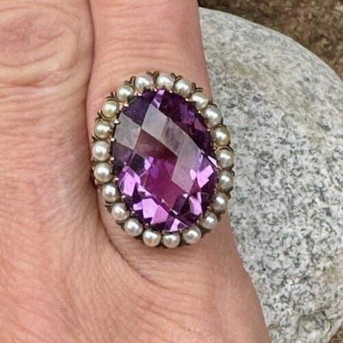Vintage Victorian 10k Gold Amethyst & Seed Pearl Halo Ring   Size 6        BR11