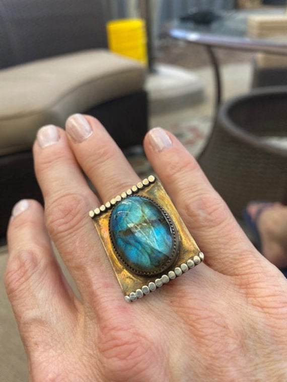 Labradorite Ring with Hammered Sterling Silver Band, Size 6 Labradorite Ring with Hammered Sterling Silver Band, Size 6