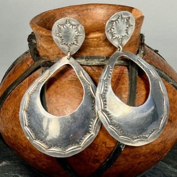 Large Vintage Sterling Silver Stamped Concho Hoop Earrings Native American Excellent Southwestern Gift for Her Statement Earrings  TB111