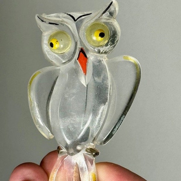 Vintage 1940's Lucite Owl Carved and Painted Brooch Figural Owl Lover Unique Estate Jewelry Bird Lover Mid Century Style Collector   TB36