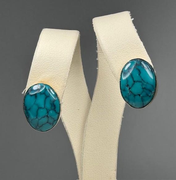 14kt Solid Yellow Gold Oval Spiderweb Turquoise C… - image 2