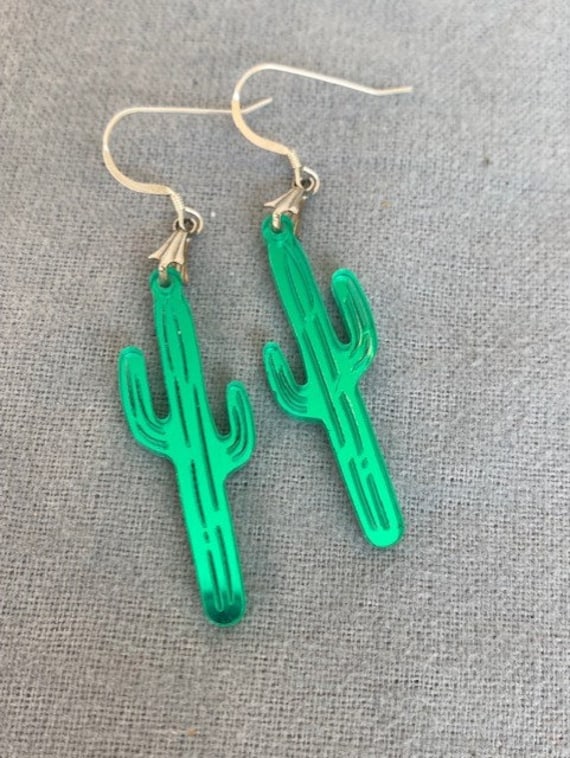 Electric Green Saguaro Cactus Plastic Dangle Drop… - image 1