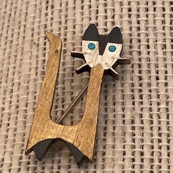 Vintage Taxco Piedra Negra Signed Brass Onyx Turquoise Sterling Silver Cat Brooch Pin Designer Artisan