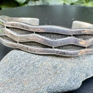 Signed Douglas Etsitty Unisex Heavy Sterling Silver Cuff with Deep Stamp Work    TB237