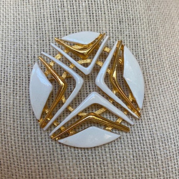 Roget Signed Mid Century Mod Atomic Gold Tone and White Enamel Brooch Vintage Estate