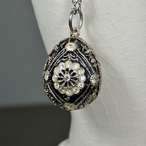 Faberge Style Egg Shaped Pendant Charm Detailed Floral Sterling Silver Enamel and Rhinestone Easter Mother&#39;s Day Gift for Her Estate   P329