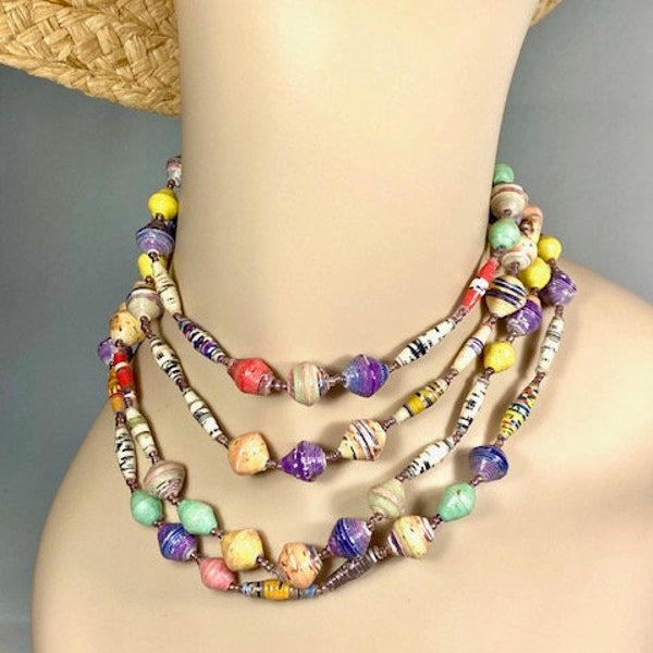 60" Long Multi-Colored Paper Bead Necklace Layering Necklace Fair Trade Beautiful Hand Made Necklace Wear it Short or Long   M27