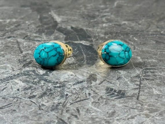 14kt Solid Yellow Gold Oval Spiderweb Turquoise C… - image 3