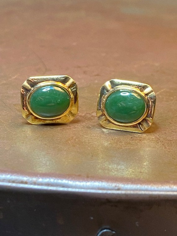 Vintage Jade Green Cabochons in Rectangular Gold … - image 10