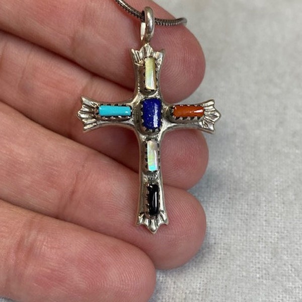 Vintage Zuni Signed George & Lupeta Leekity Multi Stone Cross Crucifix Pendant in Sterling Silver Native American Religious Symbol     TB74