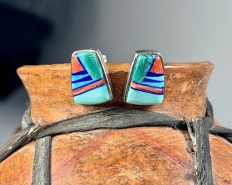 Dynamite Calvin Begay Signed Multi Stone Inlay Pierced Earrings Navajo Artist Southwestern Style Turquoise Lapis Spiny Oyster    P272