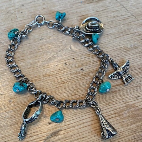 RARE Genuine Carolyn Pollack Sterling and Turquoise Native American Link Charm Bracelet Teepee Spur Cowboy Hat Deity