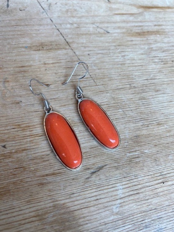Retro Oblong Orange Cabochon Stone Dangle Earring… - image 4