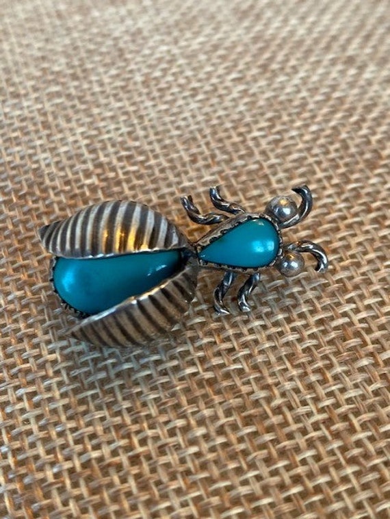 Navajo Sterling Silver and Turquoise Beetle Bug B… - image 1