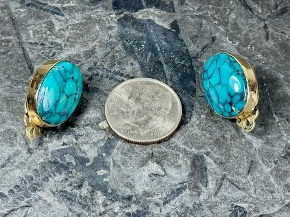 14kt Solid Yellow Gold Oval Spiderweb Turquoise C… - image 9