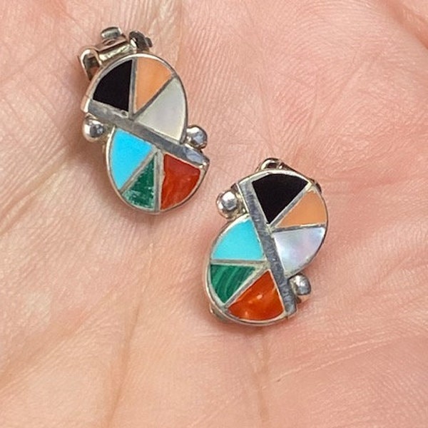 Pueblo Multi Stone Inlay Unique Setting Clip On Earrings Turquoise Jet Coral MOP Malachite Native American Southwestern Minimalist  TB93