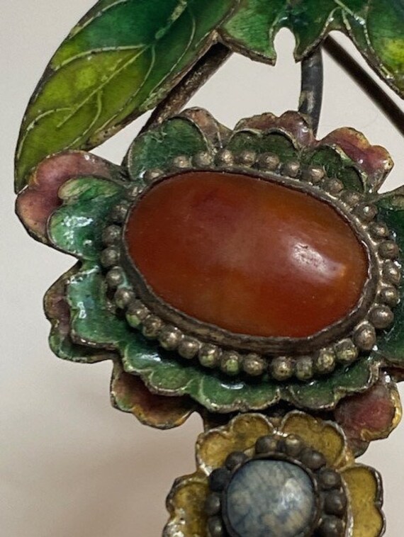 Belle Broche Ancienne En Argent Massif 925 Avec Or Et émail - Style Chinois