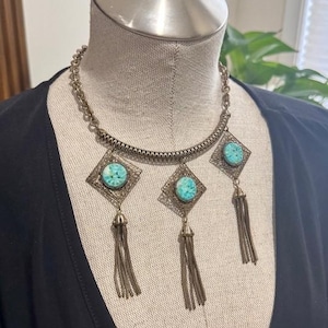 Vintage Brass Collar Necklace, Turquoise Color Carved Stone Cabochons, Tassel Pendant   BN4