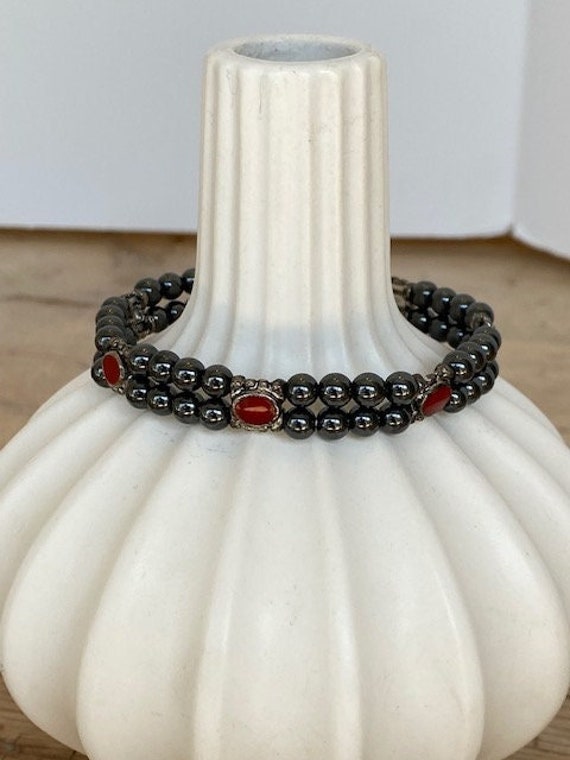 Hematite and Red Enamel Beaded Stretch Stacking Br