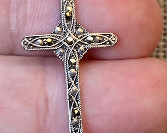 Delicate Vintage Sterling Silver Theda Cross Crucifix with Marcasite Stones on Herringbone Style Chain Religious Faith                  BN2