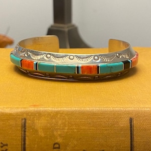Vintage Navajo Signed JD Multi Stone Inlay Sterling Silver Cuff