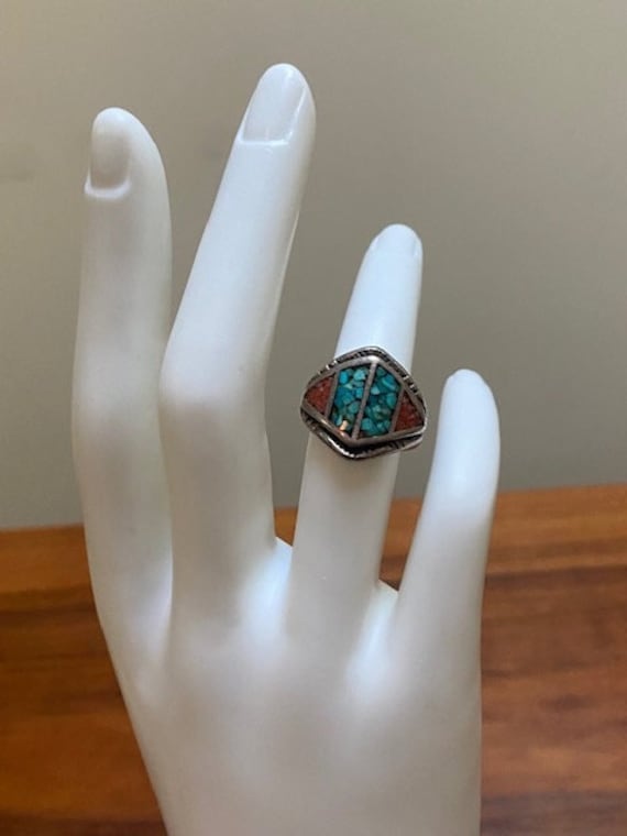 Intricate Vintage Older Native American Navajo Turquoise Coral Sterling Silver Inlay Ring Old Intricate Vintage Older Native American Navajo Turquoise Coral Sterling Silver Inlay Ring Old