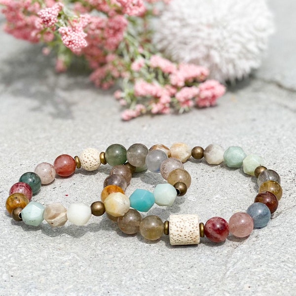 The Iris ~ Natural Multi Rullite Quartz Beads, Lava and Starcut Amazonite Essential Oil Diffuser Bracelet/Aromatherapy/Giftideas/Mothersday