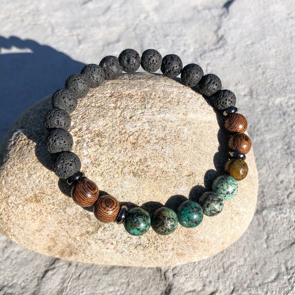 The Jonathan ~ Essential Oil Diffuser Bracelet featuring Black Lava & Speckled Emerald Beads ~ Aromatherapy / Gemstones